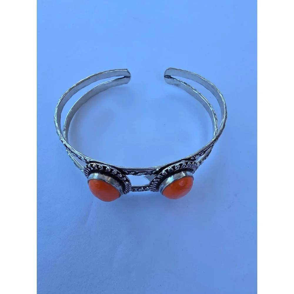 Vintage Spiny Orange Oyster Shell Silver Tone Split Shank Cuff Bracelet